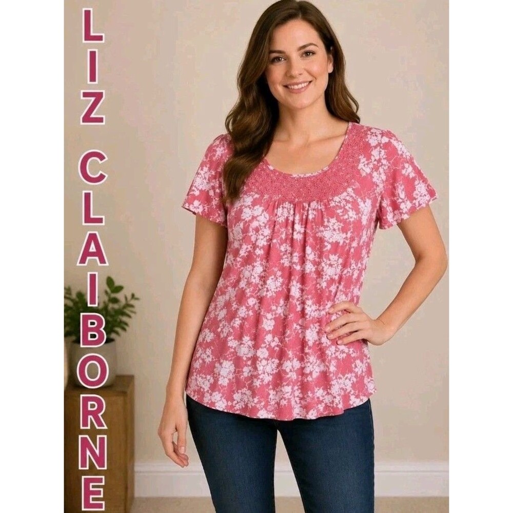 NWOT LIZ CLAIBORNE Womens XL Floral Boho Tropical Crochet Rayon Pink White Top